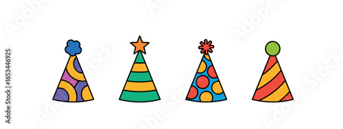 birthday cone set, party hats in bright colors with black outline, vector decorative elements