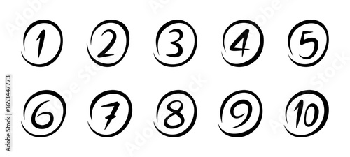 Ink style hand-drawn numbers 1-10 in circles isolated on white background. Steps, countdown timers, points, orders, writing, classroom vector illustration.