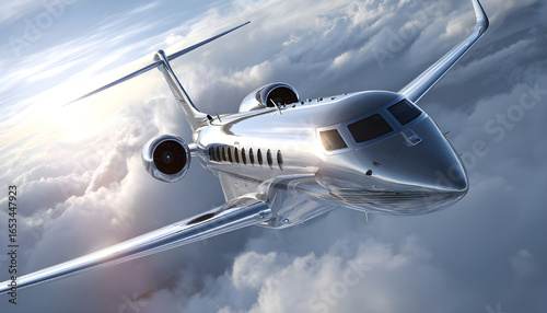 Luxury jet exterior detail showing polished engine nacelle and wing design with dramatic sky and sunset light