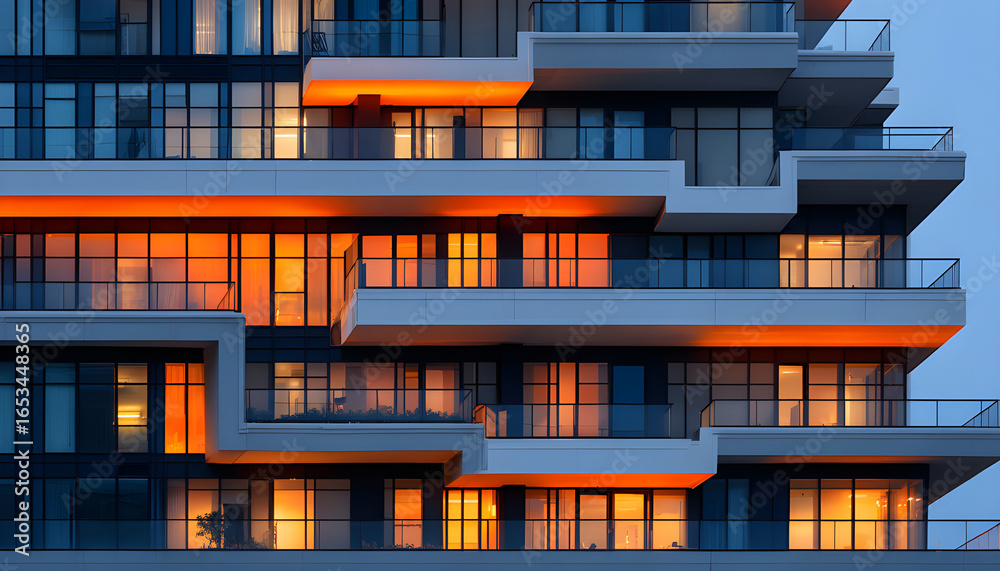 Obraz premium Modern high rise residential building with staggered glass balconies and warm lighting