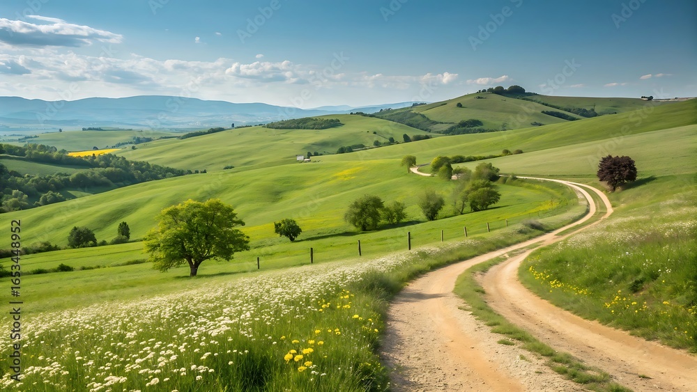Obraz premium Winding Dirt Road Through Rolling Green Hills and Wildflowers