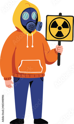 Person wearing gas mask holding radioactive hazard sign in orange hoodie and blue pants vector illustration 