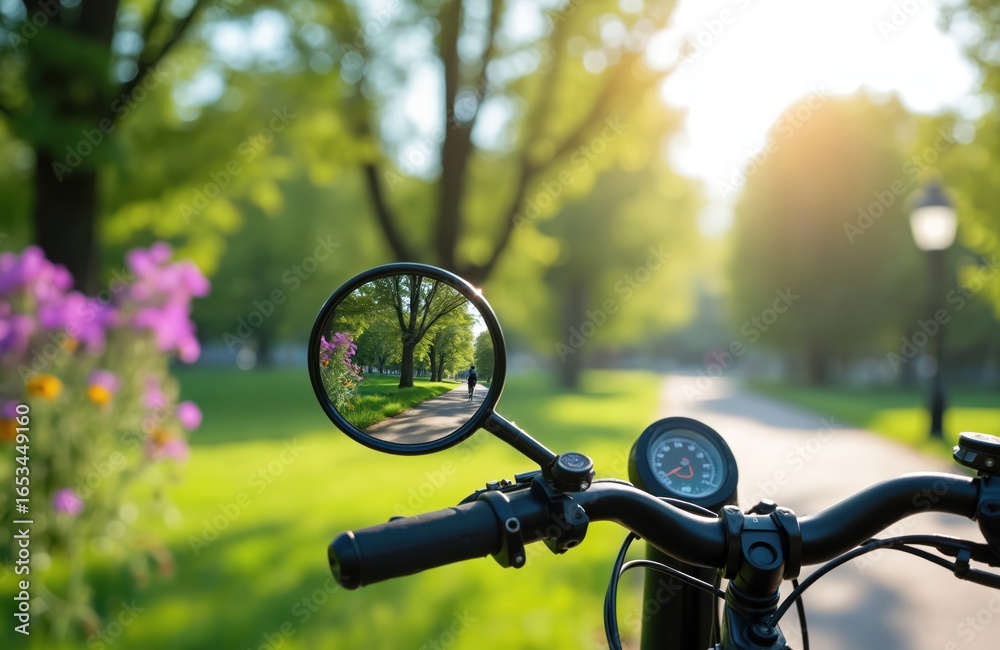 Fototapeta premium Bicycle handlebar with rear view mirror reflecting person cycling on sunlit path. Green park setting with trees, flowers, blurred background emphasizes bright, clear reflection. Focus on journey,