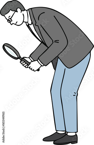 Man in suit closely examining object using magnifying glass vector illustration in casual pose