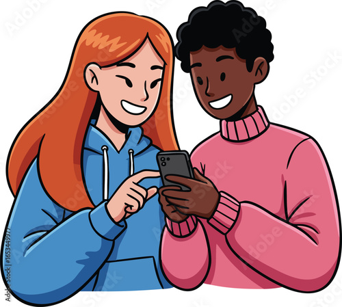 Diverse young friends smiling and looking at smartphone together in casual clothing vector illustration 