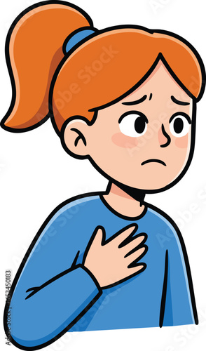 Sad worried girl holding chest feeling emotional and anxious in blue shirt vector illustration 