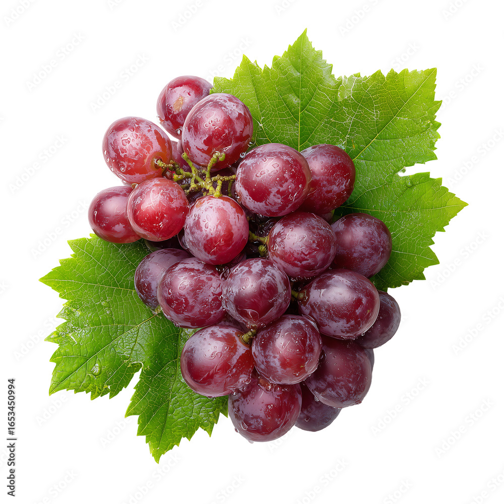 Fototapeta premium Juicy Red Grapes with Green Leaf, Isolated on Black Background, Fresh Fruit Photography