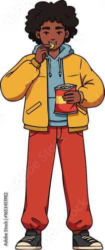 Young person eating snacks with casual clothing and curly hair enjoying leisure activity vector illustration 