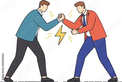 Two men arm wrestling in business attire showing competition and teamwork concept vector illustration 