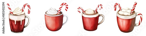 Four festive red mugs of hot chocolate topped with whipped cream, marshmallows, and candy canes, illustrated in a watercolor style.