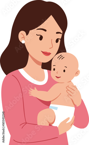 Mother holding baby child in pink sweater celebrating motherhood and parental love vector illustration 