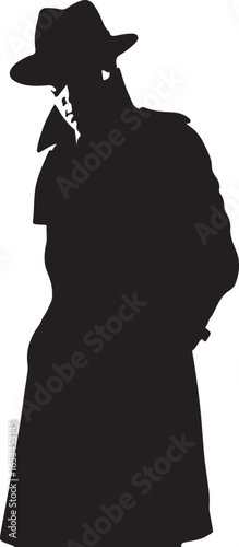 Black silhouette of a man in a fedora hat and trench coat with hands in pockets male person