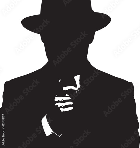 Black silhouette of a man in a fedora holding a microphone vector