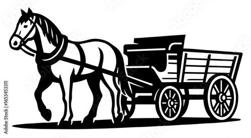 Vector illustration of a horse pulling a cart in a rural setting