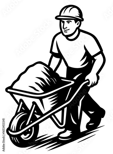 Handyman working with a wheelbarrow in an outdoor setting