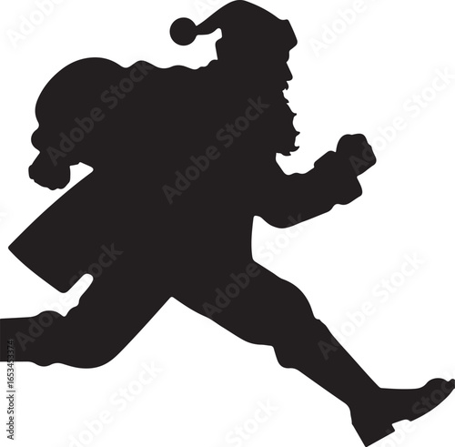 Black silhouette of Santa Claus running with a sack of gifts Christmas holiday