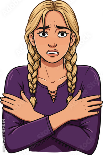 Young woman with blonde braids wearing purple sweater feeling cold and worried vector illustration 