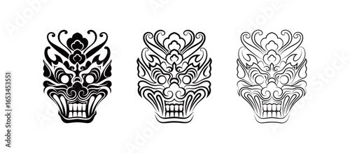 Traditional Korean goblin dokkaebi mask illustration, folklore demon face pattern and cultural heritage art design