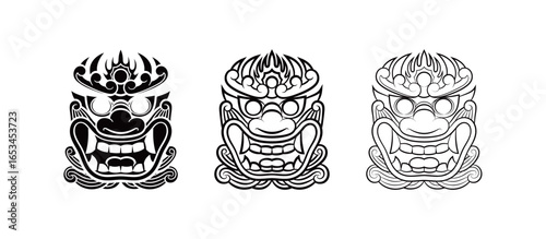 Traditional Korean goblin dokkaebi mask illustration, folklore demon face pattern and cultural heritage art design