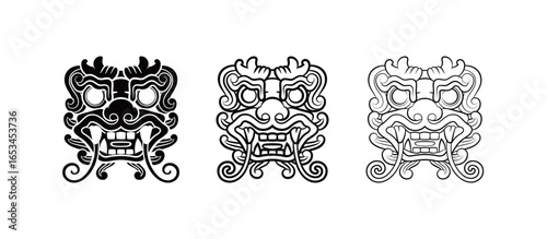 Traditional Korean goblin dokkaebi mask illustration, folklore demon face pattern and cultural heritage art design