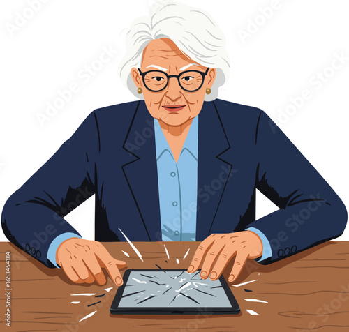 Elderly woman with broken tablet device expressing frustration in modern technology usage vector illustration 