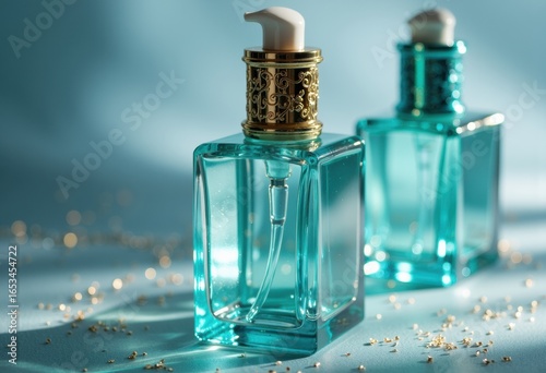 Wallpaper Mural Elegant liquid soap dispensers with gold accents on a reflective surface with scattered glitter particles Torontodigital.ca