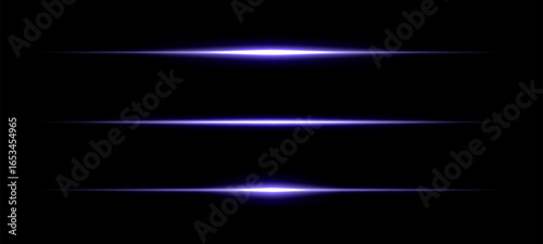 A set of three horizontal purple light beams with optical flare effect. Abstract background element for design and decoration.