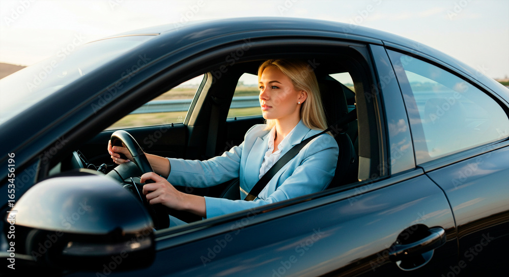 Young blonde businesswoman driving a black car