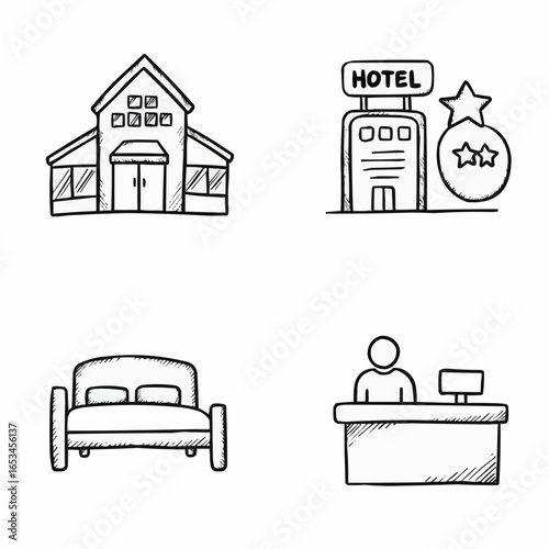 Hotel building, receptionist, sofa, and front desk illustrations  