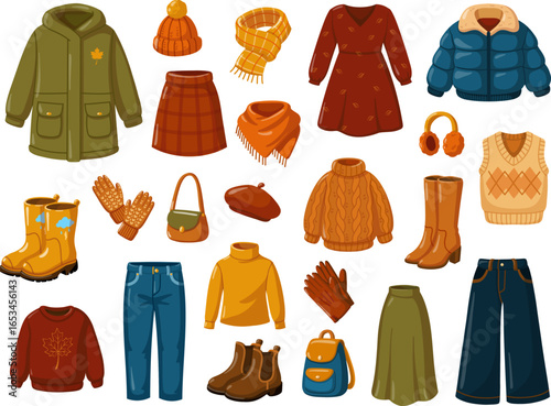 Large set of autumn clothes, shoes and accessories. Fall outfit. Seasonal vector isolated illustrations on white background.