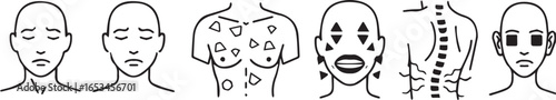Simple line drawings of human bodies showing different patterns and markings against a white background, conveying a neutral mood.