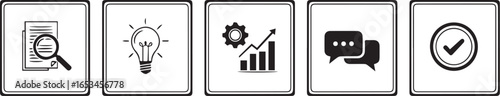 Five grayscale icons representing research, idea, growth, communication, and completion, arranged in a flat lay against a white background, conveying a neutral and