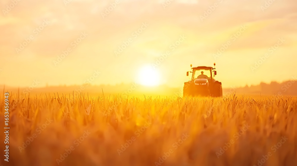 Fototapeta premium Tractor working in a golden wheat field at sunset