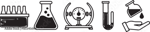 Flat lay illustration of various laboratory glassware, including beakers, test tubes, and a pressure gauge, in monochrome against a white background.