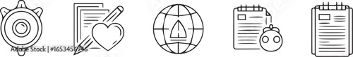 Five line icons depicting global sustainability, corporate social responsibility, and eco-friendly business practices, in a monochrome style against a white background.
