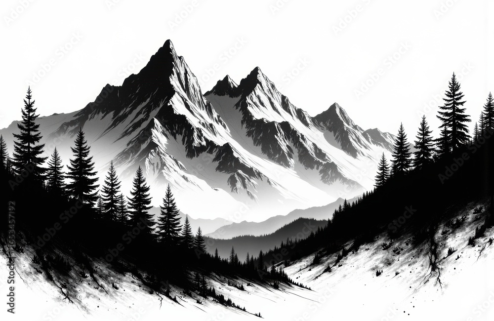 Fototapeta premium Majestic mountain range with pine trees in black and white landscape scene
