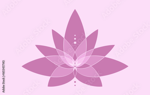 Sacred Lotus flower, line art floral ornament, purple logo design. Flower blossom symbol of yoga, spa, beauty salon, cosmetics, relax, brand style. Vector isolated on light pink background