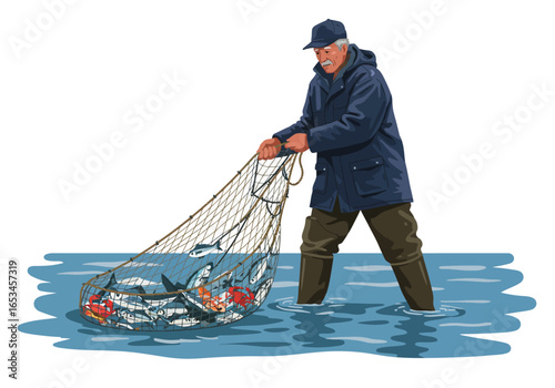 Fisherman with a Net Full of Fish in Water.