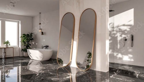 Modern bathroom interior, sunlight streams in