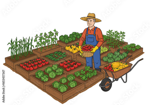 Farmer Harvesting Tomatoes in Raised Garden Beds with Wheelbarrow.