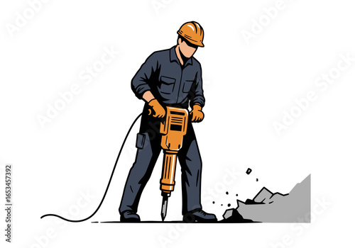 Construction Worker Using Jackhammer to Break Rock.
