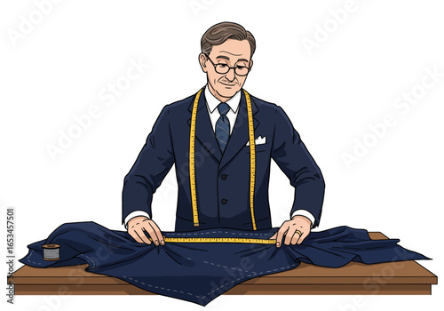 Tailor Measuring Fabric with Tape Measure for Suit Creation.