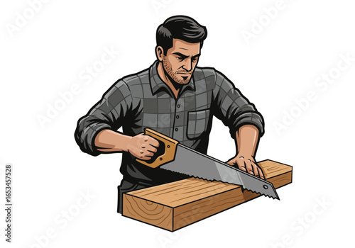 Cartoon Man Sawing Wood Plank with Hand Saw in Workshop.