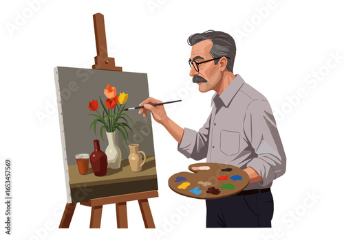 Artist Painting Still Life of Tulips on Canvas with Palette.