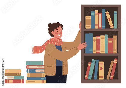 Woman Arranging Books on a Bookshelf with a Scarf.