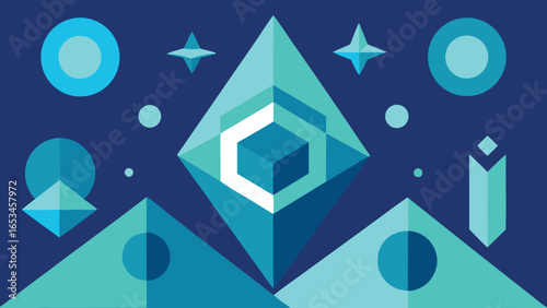 Abstract Geometric Composition with Crystal, Stars, and Circles on Dark Blue transparency background diamond
