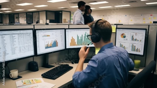 Focused male analyst wearing headset working on computer with multiple data analysis screens in a busy office environment
