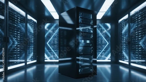 A a.i. supercomputer room with a single, massive, monolithic server at the center, surrounded by geometric light patterns and reflective surfaces.
