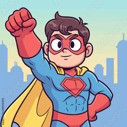 Cartoon superhero with cape and mask raising his fist in front of a city skyline, symbolizing power, strength, and protection against crime and injustice