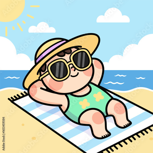 Cartoon girl with hat and sunglasses is sunbathing on the beach, enjoying summer vacation, relaxing on towel near the sea, vector illustration